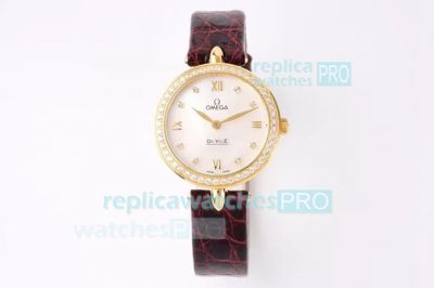 Swiss Replica Omega De Ville Ladies Watch Yellow Gold White MOP Dial Brown Leather